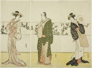 Los actores Osagawa Tsuneyo II (derecha), Ichikawa Monnosuke II (centro) y Segawa Kikunojo III (izquierda), posiblemente como Misao Gozen, Matsuya Soshichi y la cortesana Kojoro de Hakata, en la obra Chiyo no Hajime Ondo no Seto (Comienzos de la eternidad: de Katsukawa Shunkо̄