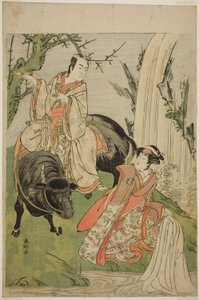 Los actores Segawa Kikunojo III como la princesa Hatsune (Hatsune Hime) (derecha), e Ichikawa Monnosuke II como Miyukinosuke Yukinari, en la obra Otokoyama Furisode Genji, representada en el Teatro Kiri en el undécimo mes de 1785. de Katsukawa Shunkо̄