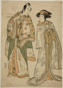 Los actores Segawa Kikunojo III como la cortesana Sumizome (derecha), e Ichikawa Monnosuke II como Goinosuke Yoshimine (izquierda), en la obra Juni-hitoe Komachi-zakura, representada en el Teatro Kiri en el undécimo mes de 1784. de Katsukawa Shunkо̄