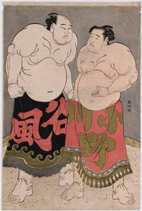 Retratos de cuerpo entero de los luchadores Onogawa Kisaburo, a la derecha, y Tanizake Kajinosuke, a la izquierda
