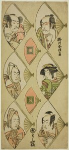 Retratos de bustos de actores con abanicos plegables: Ichikawa Danjuro V, Segawa Kikunojo III, Ichikawa Monnosuke II (derecha, de arriba abajo); Nakamura Nakazo I, Matsumoto Koshiro IV, Bando Mitsugoro II (izquierda, de arriba abajo). de Katsukawa Shunsei