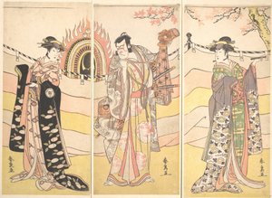 Tres Actores en Hermosos Trajes Realizando una Danza Religiosa de Katsukawa Shunsen
