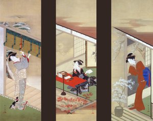 Mujeres en estaciones de nieve, luna y flor de Katsukawa Shunsho