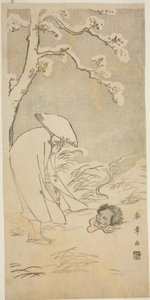Un Peregrino Rezando Toda la Noche al Buda (kannenbutsu) es Sorprendido por una Cabeza Fantasmal en el Suelo Cubierto de Nieve de Katsukawa Shunsho