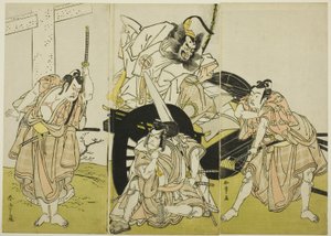Los actores Nakajima Mihoemon II como Fujiwara no Shihei, Ichikawa Ebizô III como Matsuo-maru, Ichikawa Yaozô II como Sakura-maru, e Ichimura Uzaemon IX como Umeo-maru en "Los secretos de la caligrafía de Sugawara" ("Sugawara denju tenarai kagami"). de Katsukawa Shunsho