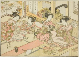 Cortesanas del Ogiya, del libro "Espejo de mujeres hermosas de los barrios de placer (Seiro bijin awase sugata kagami)," vol. 1 de Katsukawa Shunsho