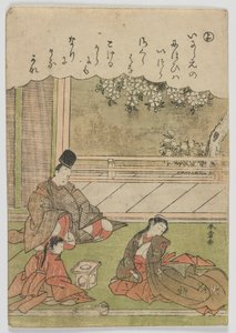 Cuadros de brocado a la moda de los cuentos de Ise: yo, Un hombre se encuentra con una antigua novia, que ahora sirve en una casa de provincia, periodo Edo, c.1772-73 (impresión xilográfica en color)