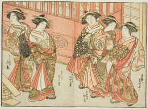 Cinco cortesanas de varias casas, del libro "Espejo de mujeres hermosas de los barrios de placer (Seiro bijin awase sugata kagami)," vol. 3 de Katsukawa Shunsho