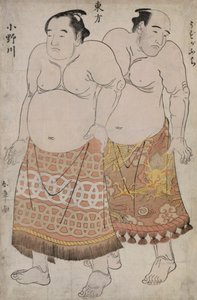 Retratos de cuerpo entero de luchadores del grupo oriental, que representan a Uzugafuchi y Onagawa (xilografía en color)