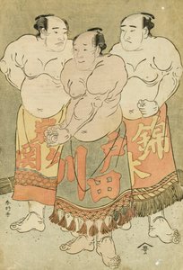 Retratos de cuerpo entero de los luchadores Nishikigi, Todagawa e Iwagaseki presentándose en el cuadrilátero (xilografía en color)
