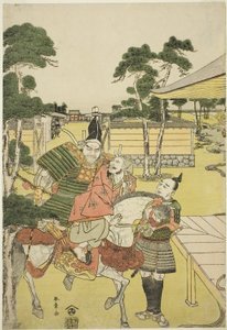 Musashibo Benkei lleva al capturado Tosabo Shoshun a Yoshitsune en la obra Horikawa Youchi no Zu Uki-e Nimaitsuzuki, c.1782 (xilografía en color; oban) de Katsukawa Shunsho
