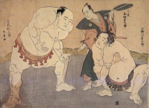 Onagawa Kisaburo y Tanikaze Kajinosuke ejecutan el Shiriki en el Dohyo, arbitrados por Kimura Shonosuke. de Katsukawa Shunsho