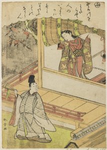 Escena 4 : Dama de la corte hablando con un cortesano en una veranda, finales del siglo XVIII de Katsukawa Shunsho