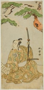 El actor Arashi Sangoro II como Sakura-maru en la obra Sugawara Denju Tenarai Kagami, representada en el Teatro Ichimura en el primer mes de 1772 de Katsukawa Shunsho