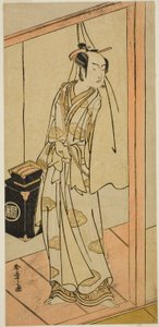 El actor Arashi Sangoro II como el peluquero Obana Saizaburo en la obra Koi Musume Mukashi Hachijo, representada en el Teatro Nakamura en el tercer mes de 1776 de Katsukawa Shunsho