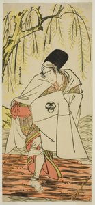 El actor Bando Mitsugoro I como el sacerdote sintoísta Goinosuke disfrazado del espíritu de una garza blanca, en la obra Sakikaese Yuki no Miyoshino, representada en el Teatro Morita en el undécimo mes, 1781 de Katsukawa Shunsho