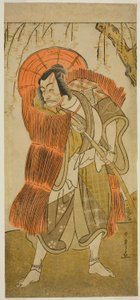 El actor Ichikawa Danjuro V como Akushichibyoe Kagekiyo disfrazado de mendigo, en la obra Tsukisenu Haru Hagoromo Soga, representada en el Teatro Ichimura en el tercer mes de 1777 de Katsukawa Shunsho