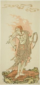 El actor Ichikawa Danjuro V como la deidad budista Fudo en la escena final de la primera parte de la obra Fuki Kaete Tsuki mo Yoshiwara (Techo de paja: La luna también brilla sobre el distrito de placer de Yoshiwara), representada en el Teatro Morita desde