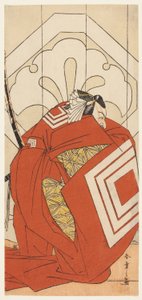 El actor Ichikawa Danjuro V en el papel de "Shibaraku", probablemente como Kato Hyoeisa Shigemitsu, en la tercera escena de la obra Masakado Kammuri no Hatsuyuki (La primera nevada en el tocado de la corte de Taira no Masakado), representada en el Teatro N de Katsukawa Shunsho