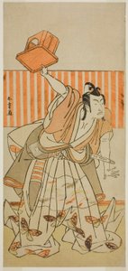 El actor Ichikawa Monnosuke II como Ageha no Chokichi disfrazado de Soga no Goro Tokimune en la obra Kaido Ichi Yawaragi Soga, representada en el Teatro Nakamura en el tercer mes, 1778