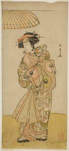 El actor Ikushima Daikichi III como la cortesana Naniwazu en la obra Saki Masuya Ume no Kachidoki, representada en el Teatro Ichimura en el undécimo mes, 1777 de Katsukawa Shunsho