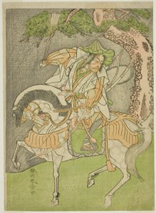 El actor Matsumoto Koshiro II como Kagekiyo disfrazado de Omi Yawatanosuke en la obra Haru wa Soga Akebono-zoshi, representada en el Teatro Nakamura en el primer mes de 1772