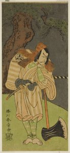 El actor Matsumoto Koshiro II como Osada no Taro Kagemune disfrazado de leñador Gankutsu no Gorozo en la obra Nue no Mori Ichiyo no Mato, representada en el Teatro Nakamura en el undécimo mes, 1770 de Katsukawa Shunsho