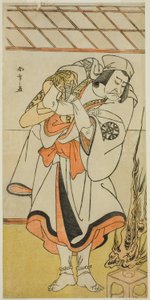 El actor Nakamura Nakazo I como Chinzei Hachiro Tametomo disfrazado de monje ascético, en la obra Kitekaeru Nishiki no Wakayaka, representada en el Teatro Nakamura en el undécimo mes, 1780 de Katsukawa Shunsho