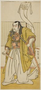 El actor Nakamura Nakazo I como Kusunoki Masayuki disfrazado de Uji no Joetsu, en la obra Go Taiheiki Shirishi-banashi, representada en el Teatro Morita en el cuarto mes de 1780 de Katsukawa Shunsho