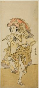 El actor Nakamura Nakazo I como Onmaya Kisanda disfrazado de Kakubei el bailarín de leones en la obra Chigo Torii Tobiiri Kitsune, representada en el Teatro Ichimura en el undécimo mes, 1777 de Katsukawa Shunsho