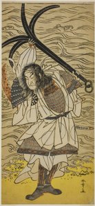 El actor Nakamura Nakazo I como Taira no Tomomori disfrazado de Tokaiya Gimpei, en la obra Yoshitsune Sembon-zakura, representada en el Teatro Morita en el cuarto mes de 1777 de Katsukawa Shunsho