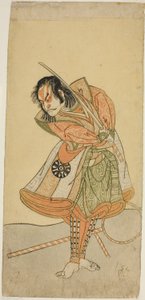 El actor Nakamura Nakazo I como Tezuka no Taro Mitsumori disfrazado de entrenador de monos Tonkichi Tochibei, en la obra Soga Moyo Aigo no Wakamatsu, representada en el Teatro Nakamura en el primer mes, 1769 de Katsukawa Shunsho