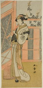 El actor Nakamura Noshio I como Misao disfrazado de Komuso en la obra Kosode-gura no Tekubari, representada en el Teatro Morita en el segundo mes, 1772 (?) de Katsukawa Shunsho