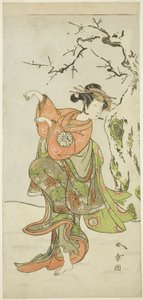 El actor Nakamura Noshio I como la esposa-zorro de Furui, en una secuencia de danza (Shosagoto) en la segunda parte de la obra Izu-goyomi Shibai no Ganjitsu, representada en el Teatro Morita desde el primer día del undécimo mes de Katsukawa Shunsho