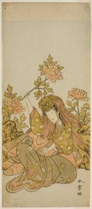 El actor Nakamura Noshio I en un "Shak-kyo Odori" (Danza del Puente de Piedra), en la obra Onna Aruji Hatsuyuki no Sekai, representada en el Teatro Morita en el undécimo mes, 1773