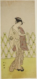 El actor Nakamura Riko I como Hakata no Kojoro (?) en la obra Shitenno-ji Nobori Kuyo, representada en el Teatro Ichimura en el octavo mes de 1773 de Katsukawa Shunsho