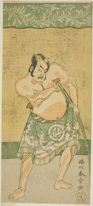 El actor Nakamura Sukegoro II como el luchador de sumo Matano no Goro en la obra Myoto-giku Izu no Kisewata, representada en el Teatro Ichimura en el undécimo mes, 1770