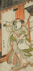 El actor Nakamura Tomijuro I como Hangaku Gozen derribando la puerta en la obra Wada-gassen Onna Maizuru (El conflicto de Wada: el maizuru de una mujer), representada en el Teatro Nakamura a partir del vigésimo quinto día del séptimo mes