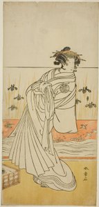 El actor Nakamura Tomijuro I como la cortesana Toyama en la obra Koi Nyobo Somewake Tazuna, representada en el Teatro Nakamura en el noveno mes, 1777