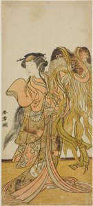El actor Nakamura Tomijuro I como la cortesana Toyama de Tsuruga en la obra Keisei Tsuki no Miyako, representada en el Teatro Morita en el octavo mes, 1775 de Katsukawa Shunsho