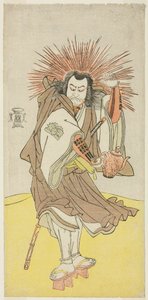 El actor Nakayama Kojuro VI como Osada no Taro Kagemune (en realidad Hatcho Tsubute no Kiheiji), disfrazado de farolero del santuario de Gion, en el tercer acto de la primera parte de la obra Yukimotsu Take Furisode Genji (Bambú cubierto de nieve: Genji en de Katsukawa Shunsho