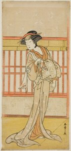 El actor Osagawa Tsuneyo II como la cortesana Miyagino (?) en la obra Go Taiheiki Shiraishi-banashi (?), representada en el Teatro Morita en el cuarto mes, 1780 (?) de Katsukawa Shunsho