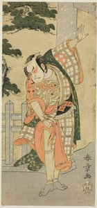 El actor Otani Hiroji III en una pose escénica (Mie) frente a una puerta de santuario de Katsukawa Shunsho