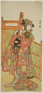El actor Segawa Kikunojo III como Kojoro-gitsune disfrazado de la florista Okiku en la obra Mure Takamatsu Yuki no Shirahata, representada en el Teatro Ichimura en el undécimo mes, 1780 de Katsukawa Shunsho