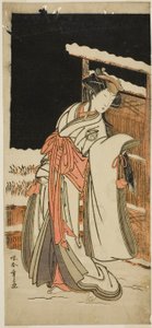 El actor Segawa Kikunojo III como Lady Shizuka (Shizkua Gozen) disfrazado de Tamazusa en la obra Chigo Torii Tobiiri Kitsune, representada en el Teatro Ichimura en el undécimo mes, 1777 de Katsukawa Shunsho
