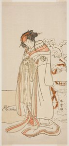 El Actor Segawa Kikunojo III como la Cortesana Kisewata (Tagasode) (?) en la Obra Hana-zumo Genji Hiiki (?), Representada en el Teatro Nakamura (?) en el Mes Once, 1775 (?) de Katsukawa Shunsho