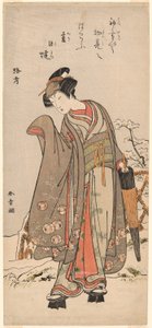 El actor Segawa Kikunojo III en la vida privada, de pie en un jardín cubierto de nieve de Katsukawa Shunsho