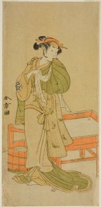 El actor Yamashita Kinsaku II como Moshio en la obra Izu-goyomi Shibai no Ganjitsu, representada en el Teatro Morita en el undécimo mes de 1772 de Katsukawa Shunsho