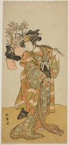 El actor Yamashita Kinsaku II como Odai, un vendedor de Eboshi (sombrero), en la obra Hana-zumo Genji Hiiki, representada en el Teatro Nakamura en el undécimo mes, 1775 de Katsukawa Shunsho