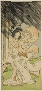 El actor Yamashita Kinsaku II como una diosa del trueno en la obra Onna Narukami, representada en el Teatro Morita en el primer mes de 1770